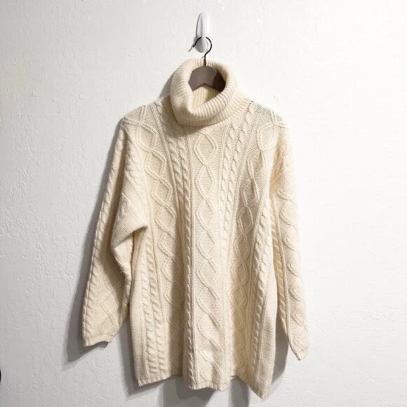 Vintage Charter Club Sweater Large Lambswool Cableknit Turtleneck Angora Ivory - Picture 1 of 6